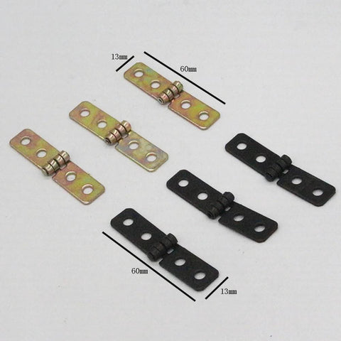 12 Pieces 180 Degree Black Wood Box Hinges For Jewelry Boxes Gift Boxes Craft Boxes And Small Cabinets 60x13mm Durable Metal Hinge Set Perfect For DIY Projects And Home Decor. Front view of metal hinges, 60x13mm with black finish, shown in open position.