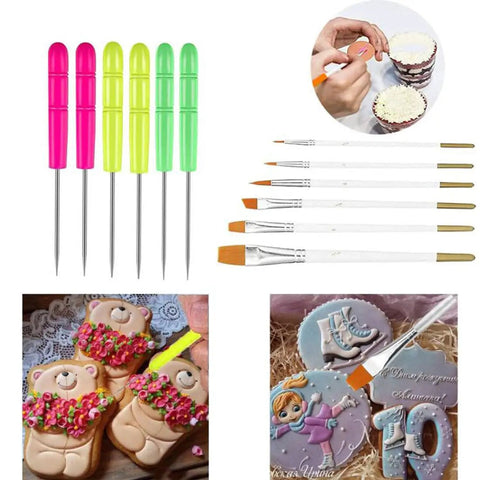 Level Up Your Baking Game With This Nifty 8 Inch Acrylic Cookie Decorating Turntable Kit Featuring Six Sturdy Brushes And Six Precision Scribe Tools For Flawless Icing And Sugar Craft Designs, showcasing colorful scribe tools and brushes.