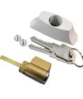 Upgrade Your Pad With This Tight Sliding Patio Door Lock Assembly Featuring A Durable White Key Cylinder And Housing Kit Built For Standard Openings Making Swaps A Total Breeze with keys, cylinder, screws.