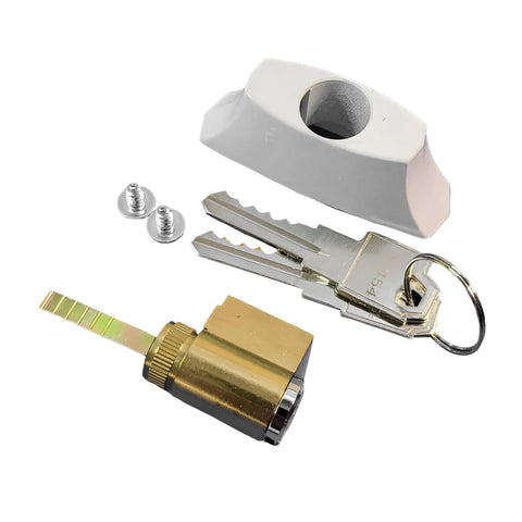 Upgrade Your Pad With This Tight Sliding Patio Door Lock Assembly Featuring A Durable White Key Cylinder And Housing Kit Built For Standard Openings Making Swaps A Total Breeze with keys, cylinder, screws.