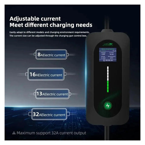 Image of Straight Up Reliable 7Kw Ev Charger With 10M Type 2 Cable, displaying adjustable current settings for electric vehicle charging.