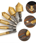 7 Piece Countersink Drill Bit Set With Quick Change Hex Shank For Wood Pro Grade High Speed Steel 5 Flute 90 Degree Center Punch
