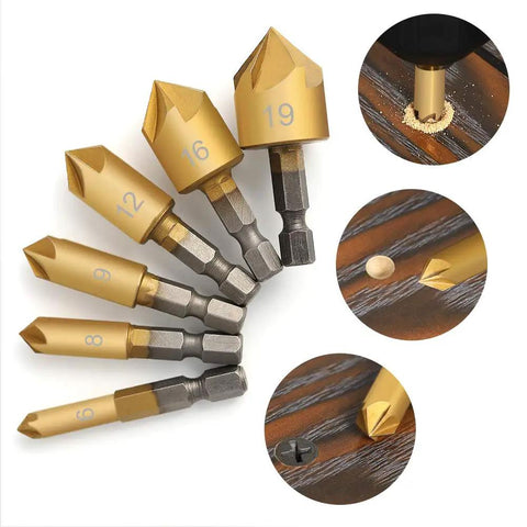 7 Piece Countersink Drill Bit Set With Quick Change Hex Shank For Wood Pro Grade High Speed Steel 5 Flute 90 Degree Center Punch