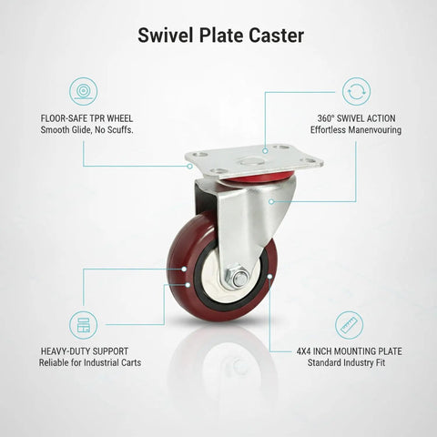 Built Tough Swivel Plate Caster With 2.5 Inch Tpr Wheel And 4X4 Inch Steel Mounting Base for precise industrial cart maneuvering.