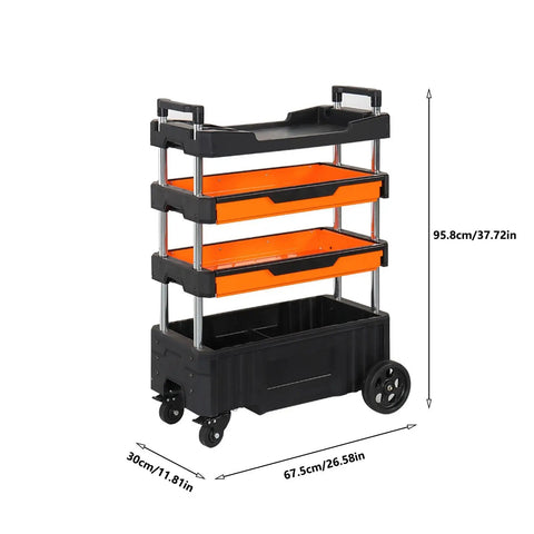 Heavy Duty Four Shelf Rolling Tool Cart With Handle A Real Workhorse For Garage Or Warehouse Portable Removable Tool Trolley With Drawers You Can Open From Front And Back And Smooth Rubber Wheels, 95.8cm tall
