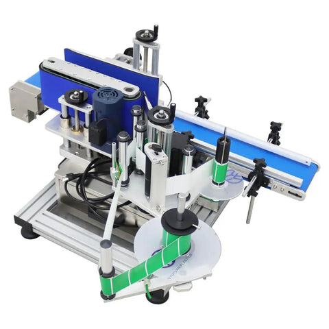 Kickstart Your Production With This High Speed Automatic Round Bottle Labeling Machine featuring desktop conveyor and labeling mechanism.