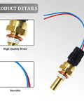 Sandfren automotive coolant temperature sensor, front view, brass body, black connector, blue and red wires.