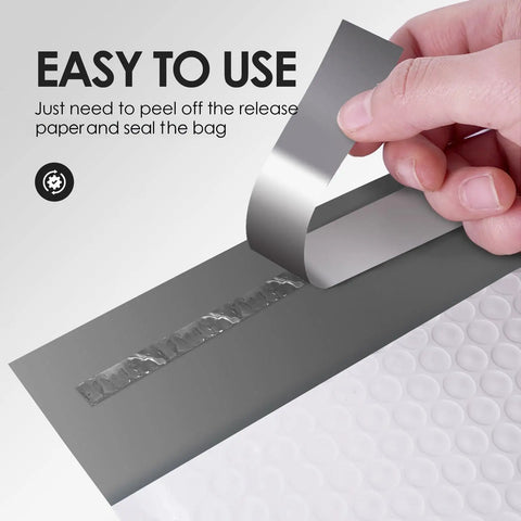 Bubble Mailers 4x8 Inches 100 Pack Padded Envelopes self-sealing tab being peeled, showing easy use for secure packaging.