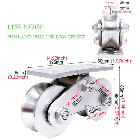 Beefy Heavy Duty Sliding Gate Caster With Groove Wheel And Double Pulley Silent Detachable Stainless For Inverted Track Loading Capacity 3000Kg 6600Lbs Easy Mounting With Eight Bolt Holes diagram