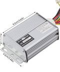 Image of a 36V 1000W brushed motor controller showing dimensions with aluminum alloy heat dissipation for electric motorcycles.