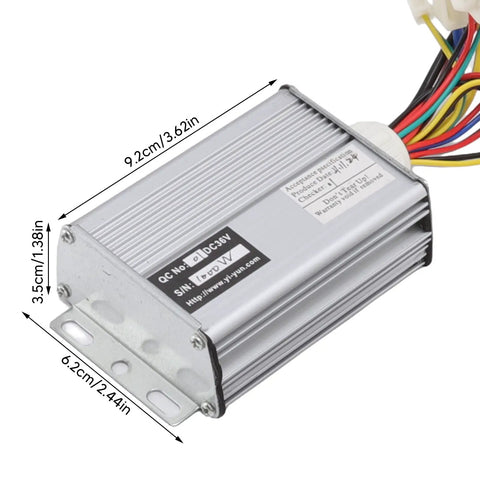 Image of a 36V 1000W brushed motor controller showing dimensions with aluminum alloy heat dissipation for electric motorcycles.