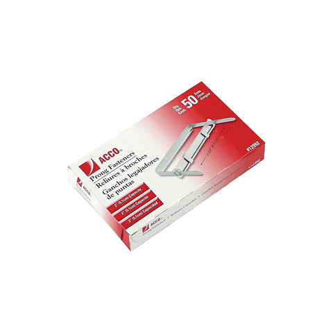 Slick Two Piece Paper Fasteners In Solid Silver Tin Coat feature smooth edges, box of fifty, prong fasteners for office binding.
