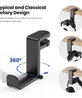 Rotating Headphone Stand For PC Gaming Headsets, Under Desk Clamp-On Holder With 360 Degree Swivel, No Mess Cable Clip Organizer, Easy Mount On Desks 0.31 To 1.57 Inches Thick, Black Finish, under-desk side view
