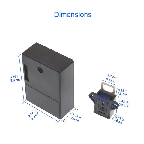 Dimensions of Hidden RFID Electronic Cabinet Lock for Wooden Cabinets, Drawers, and Cupboards, Black with measurements in cm.