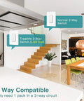 Three Way Smart Light Switch Kit Four Pack, Neutral Wire Required, 2.4GHz WiFi, showing installation on staircase wall