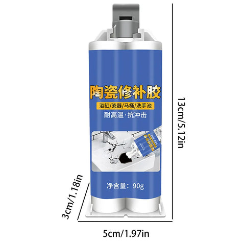 Ceramic Super Glue For Porcelain And Tile Repair Waterproof Instant Bond Adhesive shown in blue tube packaging with measurements.
