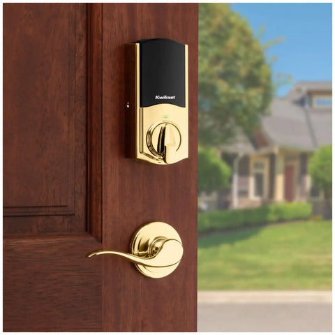 Traditional Home Connect Keypad Smart Lock Deadbolt With 10 Button Keypad One Touch Locking 250 User Codes Z Wave 700 SmartKey Satin Nickel Finish Backward Compatible With Existing Hubs And Panels on wooden door