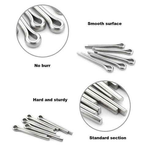 Close-up of 304 stainless steel cotter pins from All In One 340 Piece Six Sizes 304 Stainless Steel Cotter Pin Clip Assortment Kit