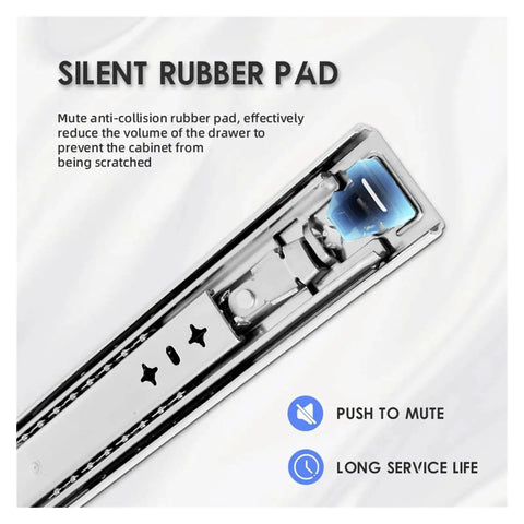 Silent rubber pad on Heavy Duty Full Extension Drawer Slides 38 Inch Stainless Steel, promoting quiet operation and protection.