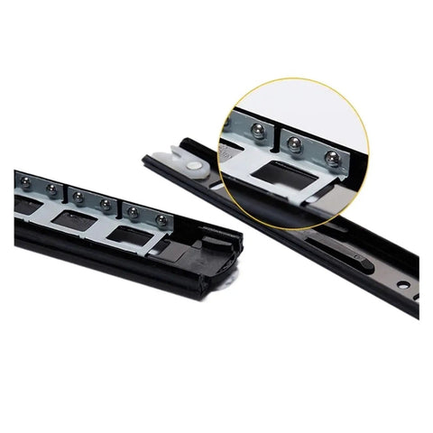 No Fluff Metal Buffer Drawer Slides Two Pack Bottom Mounted Concealed Cabinet Hardware close-up of smooth glides and mounting details.