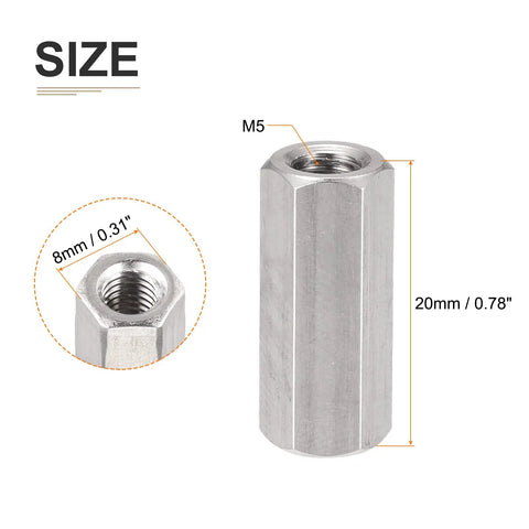 Heavy Duty Top Shelf Hex Standoff Spacer Nuts M5 X 20mm 304 Stainless Steel 4 Pack showing size dimensions and threading.