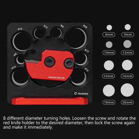 Top Shelf Adjustable Dowel Maker Jig Kit Featuring Slick Anodized Aluminum Build And Razor Sharp Carbide Blades That Pair Nicely With Any Standard Power Drill For Quick Wood Turning Projects That Deliver Knockout Results Every Single Time., featuring 8 adjustable turning holes for precise dowel sizes.