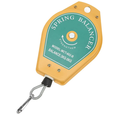 Heavy Duty Spring Balancer With 3 To 5KG Load Cap For Assembly Lines showing a yellow spring balancer tool with adjustable hook.
