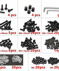 177Piece Full Fairing Bolts Kit For Bikes Colorful Screws Nuts Washers Clips Steel Fasteners Set, black and silver components.