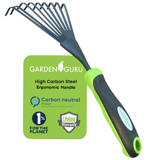 Ergonomic Hand Rake And Soil Tiller Tool With Carbon Steel Tines Rust Resistant displayed with packaging details.