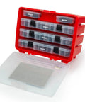 All Purpose Buna N O Ring Assortment Kit With 1,377 Pieces In Boss And Flange Sizes One Sixteenth Three Thirty Seconds One Eighth 70 Durometer for valves, fittings, cylinders displayed in a red plastic case with compartments.