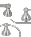 Close-up of brushed steel fixtures from All In One Bathroom Vanity Set With Three Light Fixture, Towel Bar, Toilet Paper Holder, Towel Ring And Robe Hook, Brushed Steel Finish, Five Piece Value Kit, Bulbs Not Included, Easy Install.