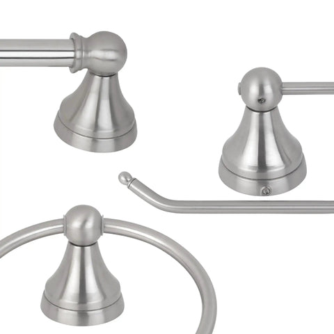 Close-up of brushed steel fixtures from All In One Bathroom Vanity Set With Three Light Fixture, Towel Bar, Toilet Paper Holder, Towel Ring And Robe Hook, Brushed Steel Finish, Five Piece Value Kit, Bulbs Not Included, Easy Install.