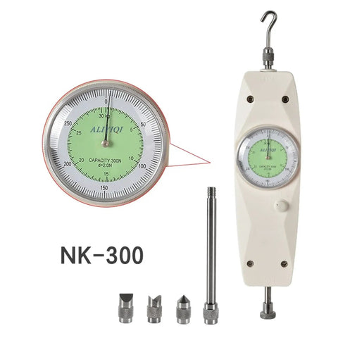 Analog Dynamometer Push Pull Force Gauge Tester Meter for Precise Force Measurement in Workshop or Lab NK 300 Handy Rugged Dial Style Instrument for Engineers and Technicians, NK-300 dial gauge with hook and tips