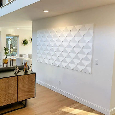 Seamless 3D Foam Wall And Ceiling Panels Kit For DIY Glue-Up, White Finish, installed in living room.