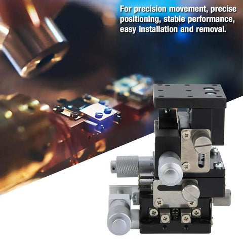 Three Axis Linear Stage 40x40mm With Cross Roller Bearing In Black Aluminum on optical table with micrometer heads