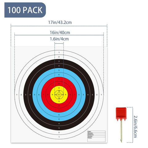 100 Pack Bullseye Paper Archery Targets with 4 Pins for Easy Setup, 16x16 Inch 10 Ring Targets, card paper, high visibility.