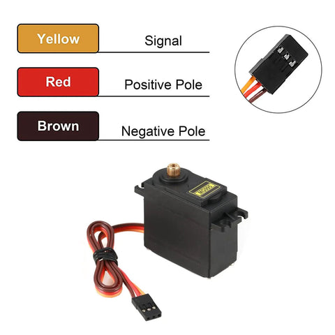 MG995 Micro Servo Motor With 180 Degree Metal Gear High Torque, Digital Standard Servo For RC Gearheads, 12kgcm Stall Torque At 6V And 13kgcm At 7.2V, Fast Positioning And Precise Control For Robots And Projects. MG995 servo with 3-wire connector and pinout diagram
