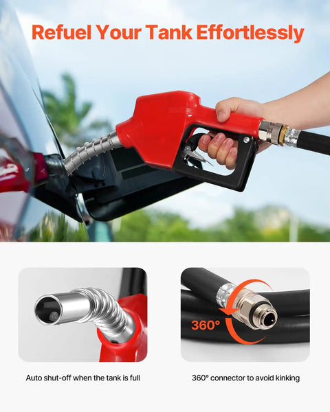 Portable Diesel Tank Built Tough, 58 Gallon Capacity with 12V Electric Transfer Pump shown refueling vehicle with red nozzle