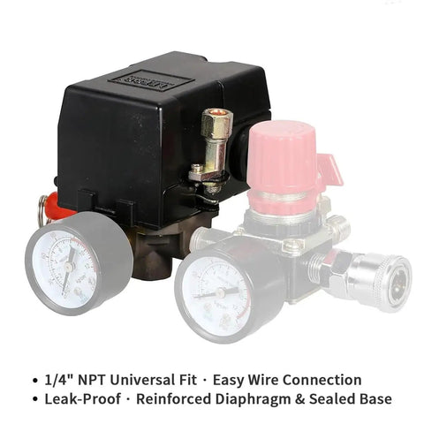 Pro Grade Heavy Duty Air Compressor Pressure Switch 90-125 PSI With Unloader Valve, 26A, One Quarter Inch NPT Single Port, black casing