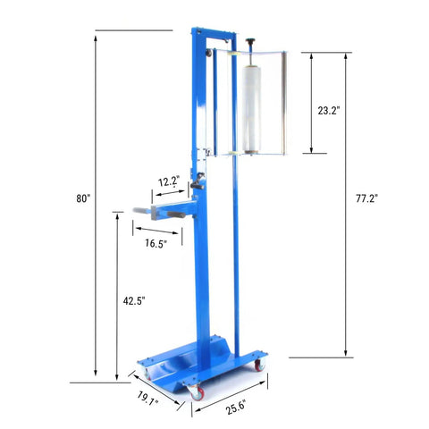 Ergonomic Manual Pallet Wrapper With Adjustable Up To 80 Inch Height, shown with dimensions, smooth design for stretch film dispensing.
