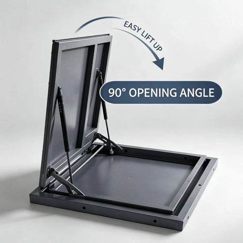 Built Tough Galvanized Steel Ceiling Access Panel With Slick Hinged Cover For Drywall And Plaster Ceilings Featuring Dual Support Struts and 90-degree opening angle.