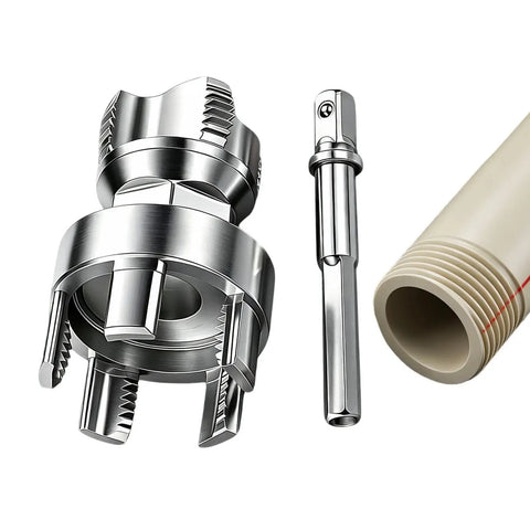 Heavy Duty Integrated Alloy Pipe Threader Built To Handle Ppr Water Lines Without Breaking A Sweat Features Quick Chamfer And Deburring To Keep Thread Jamming At Bay, showing alloy cutting head, handle, and pipe.