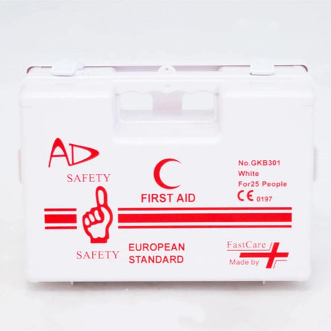 Heavy Duty Wall Mounted First Aid Kit Boss Grade for Worksites and Offices shown with European standard markings