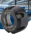 Collet Clamping Nut For Lathe Tools, black ER25UM, metal chuck holder with dynamic balancing in an industrial setting.