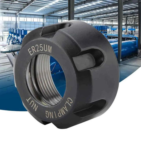 Collet Clamping Nut For Lathe Tools, black ER25UM, metal chuck holder with dynamic balancing in an industrial setting.