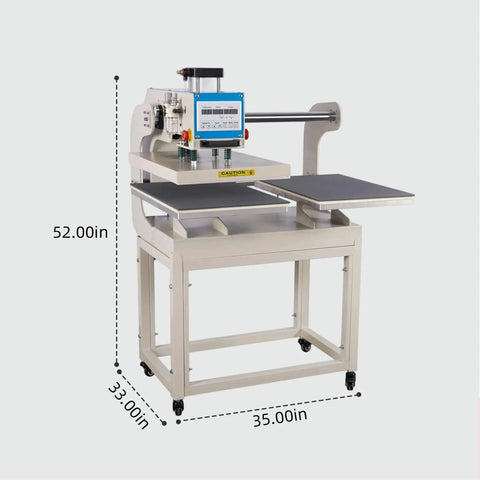 Pro Grade 16x24 Dual Platen Heat Press Machine With Pneumatic Digital Sublimation And Htv Tshirt Setup shown with dimensions 52x35 inches.