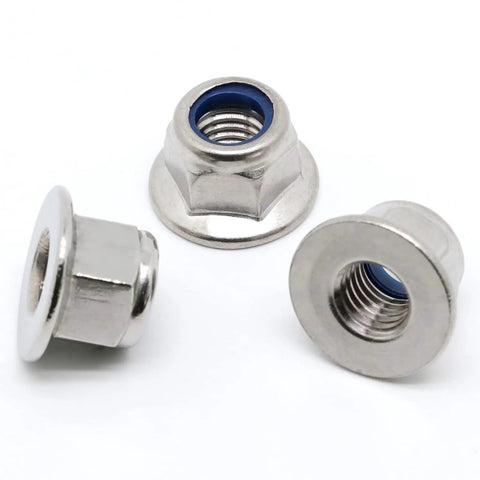 M6 1.0 Nylon Insert Flange Lock Nuts Stainless Steel 304 DIN 6926 Bright Finish 25 Pack, close-up of three lock nuts