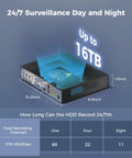 Diagram showing HDD capacity of 4K Wired Security Camera System With Audio And Color Night Vision, up to 16TB, dimensions listed.