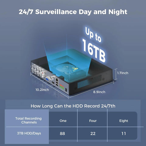 Diagram showing HDD capacity of 4K Wired Security Camera System With Audio And Color Night Vision, up to 16TB, dimensions listed.