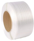 Top Tier Half Inch Polypropylene Strapping 9900 Ft Roll White Machine Grade Packing Band for warehouse use on a spool.